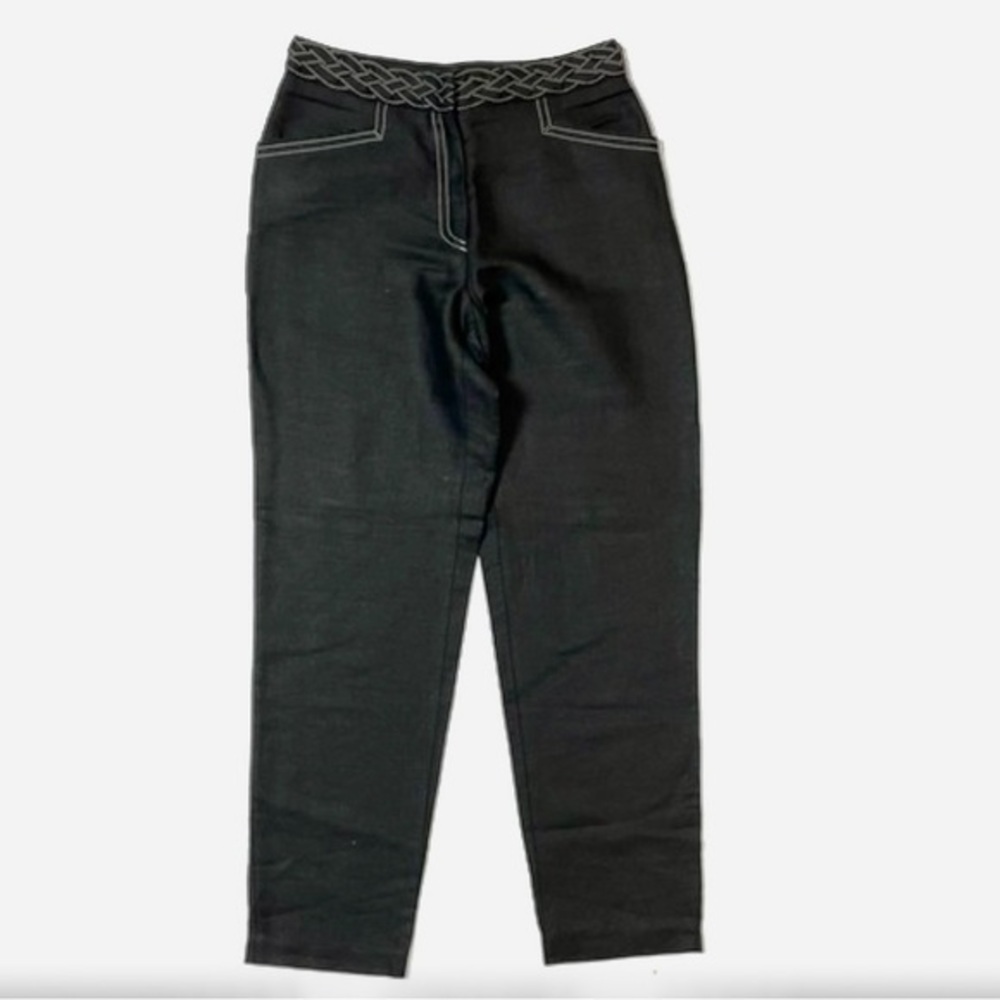 Vtg Escada Linen Black ankle-length jeans pants with White stitching Size 4 34UK